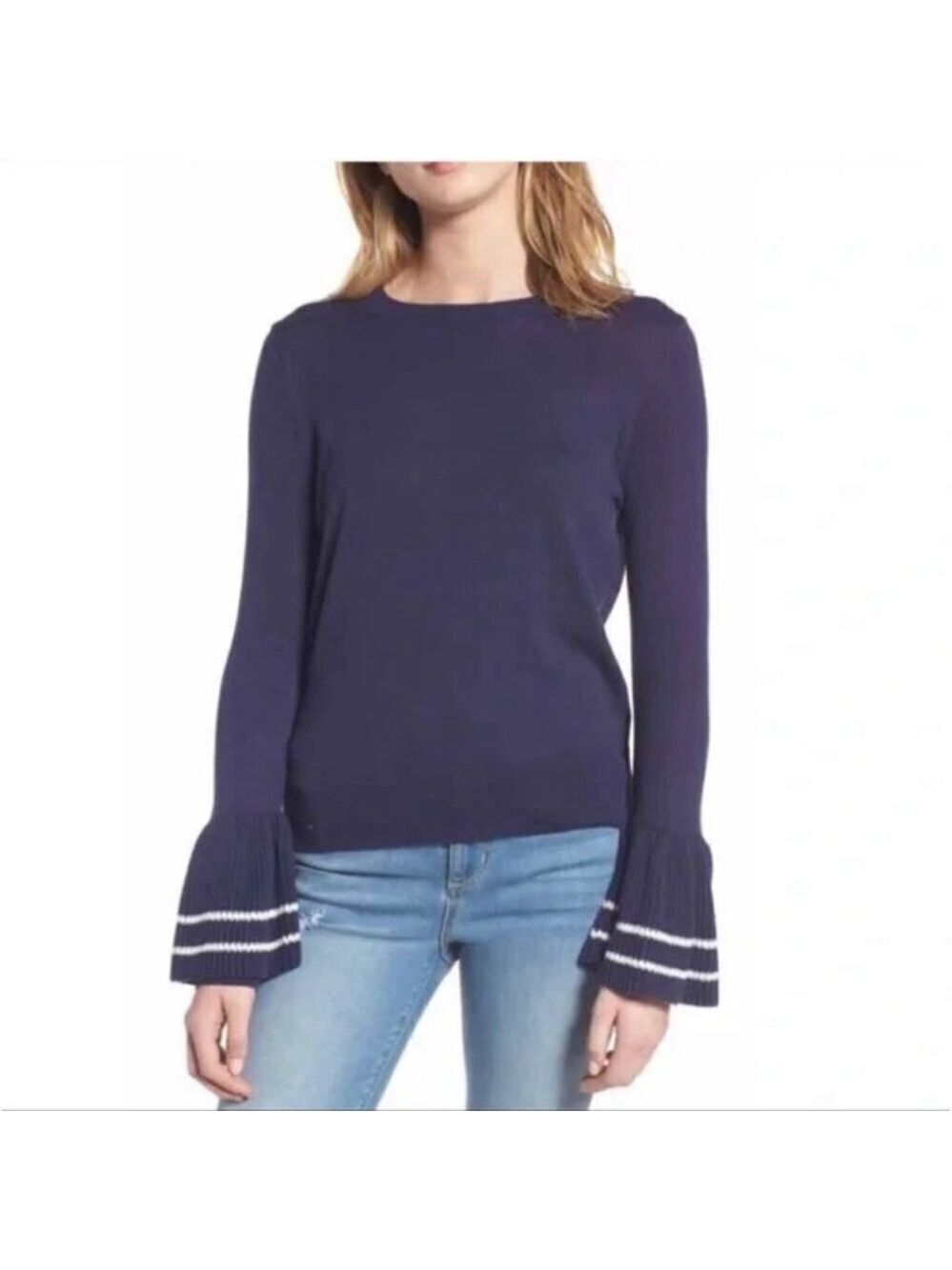 ** Ochirly Navy Bell Sleeve Crewneck Sweater Size S